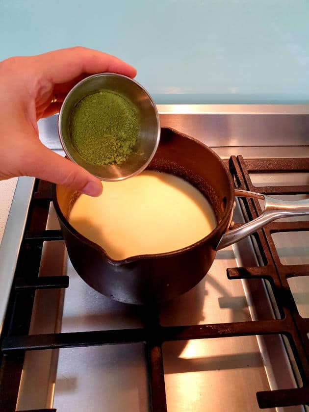 Easy matcha ice cream 4 Adding matcha powder to pot