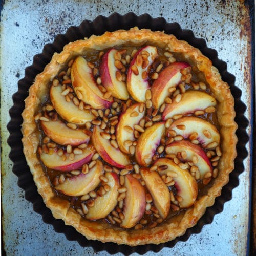 Nectarine tart on tray