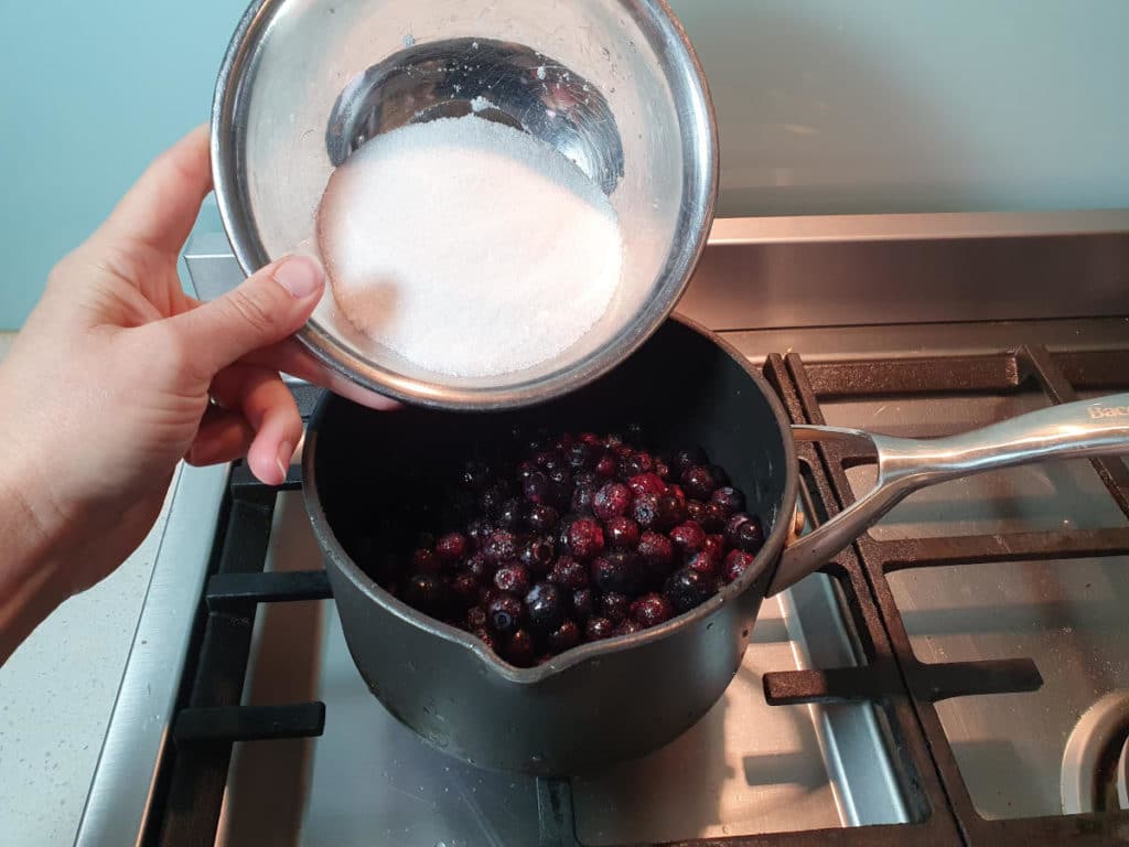 Blueberry cashew ice cream 13 Adding sugar to pot
