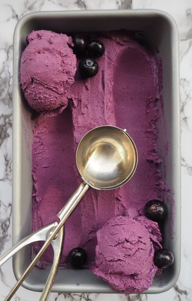 Blueberry cashew ice cream 25 Blueberry cashew in pan scooped