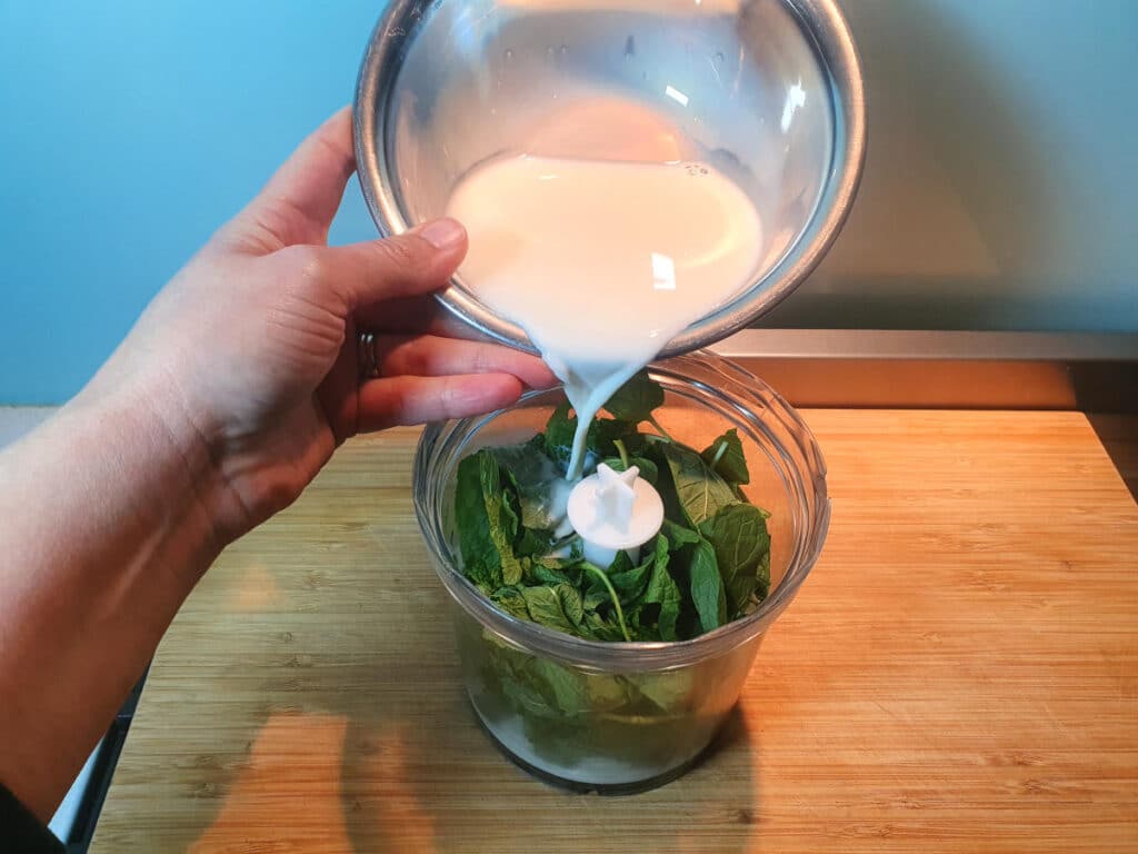 Adding milk to mint in chopping bowl