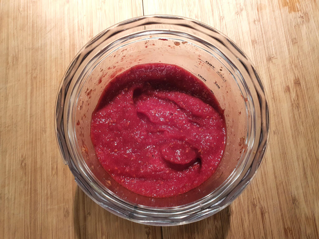 PJ Masks inspired popsicles 5 Blended strawberries and raspberries