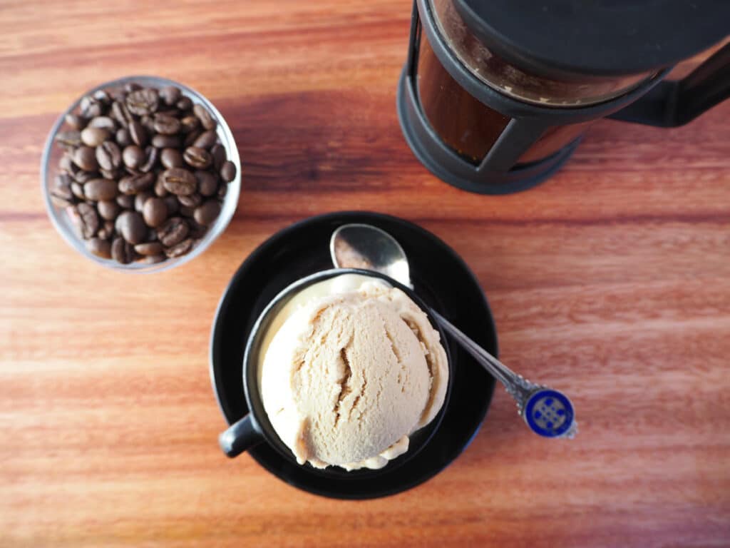 Top down no churn coffee ice cream with coffee and coffee pot