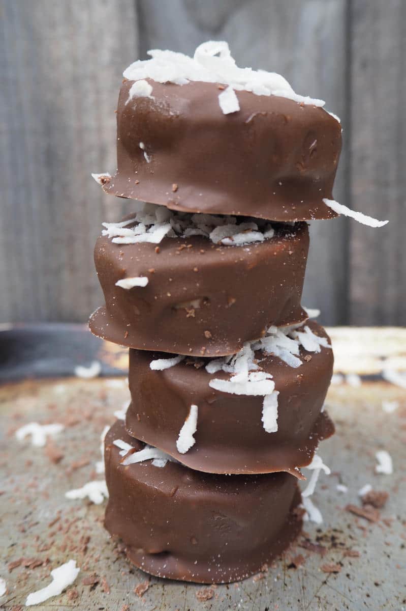 Vegan bounty ice cream bites stacked four high