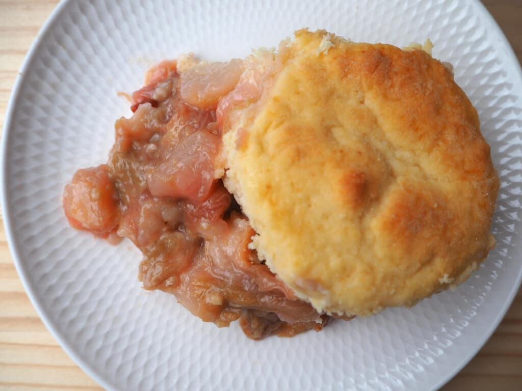 pear and rhubarb cobbler on plate