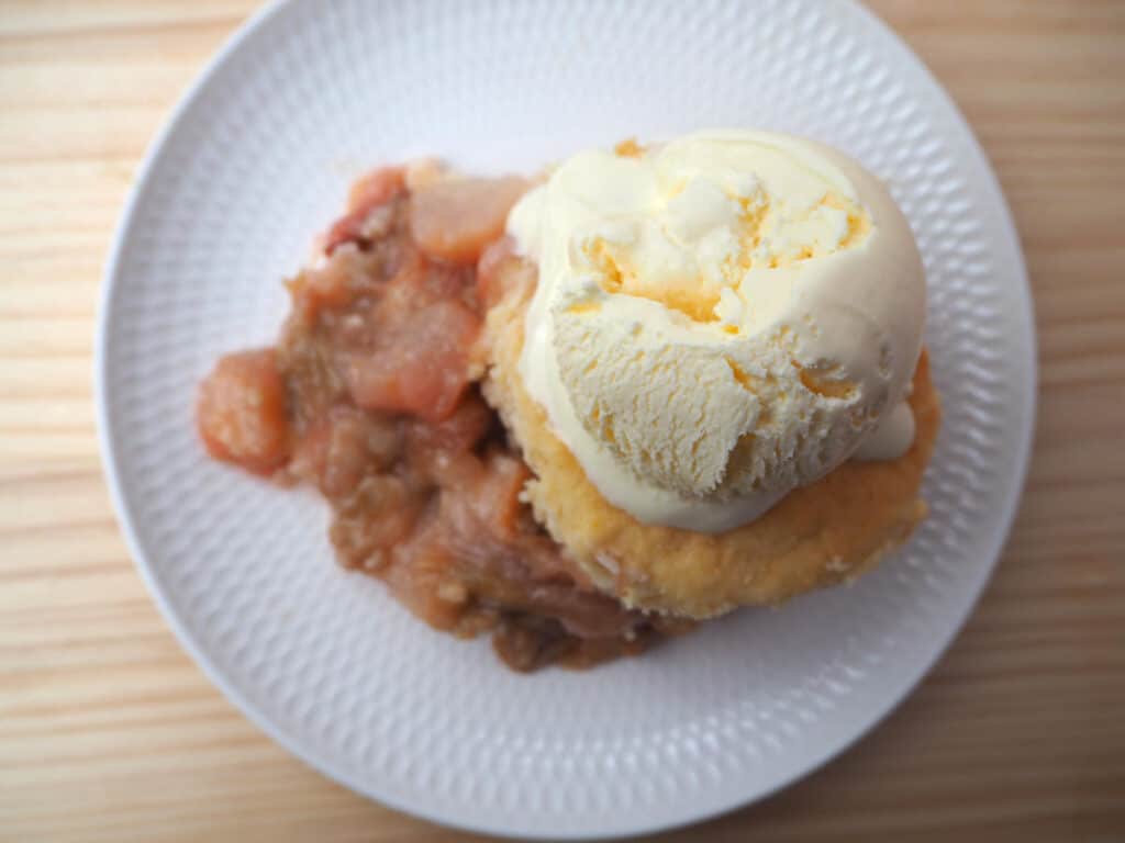 pear and rhubarb cobbler on plate