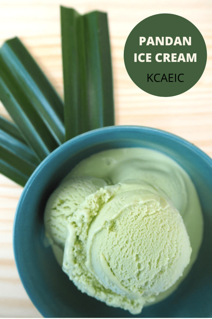 Pandan ice cream in green bowl on board with leaves