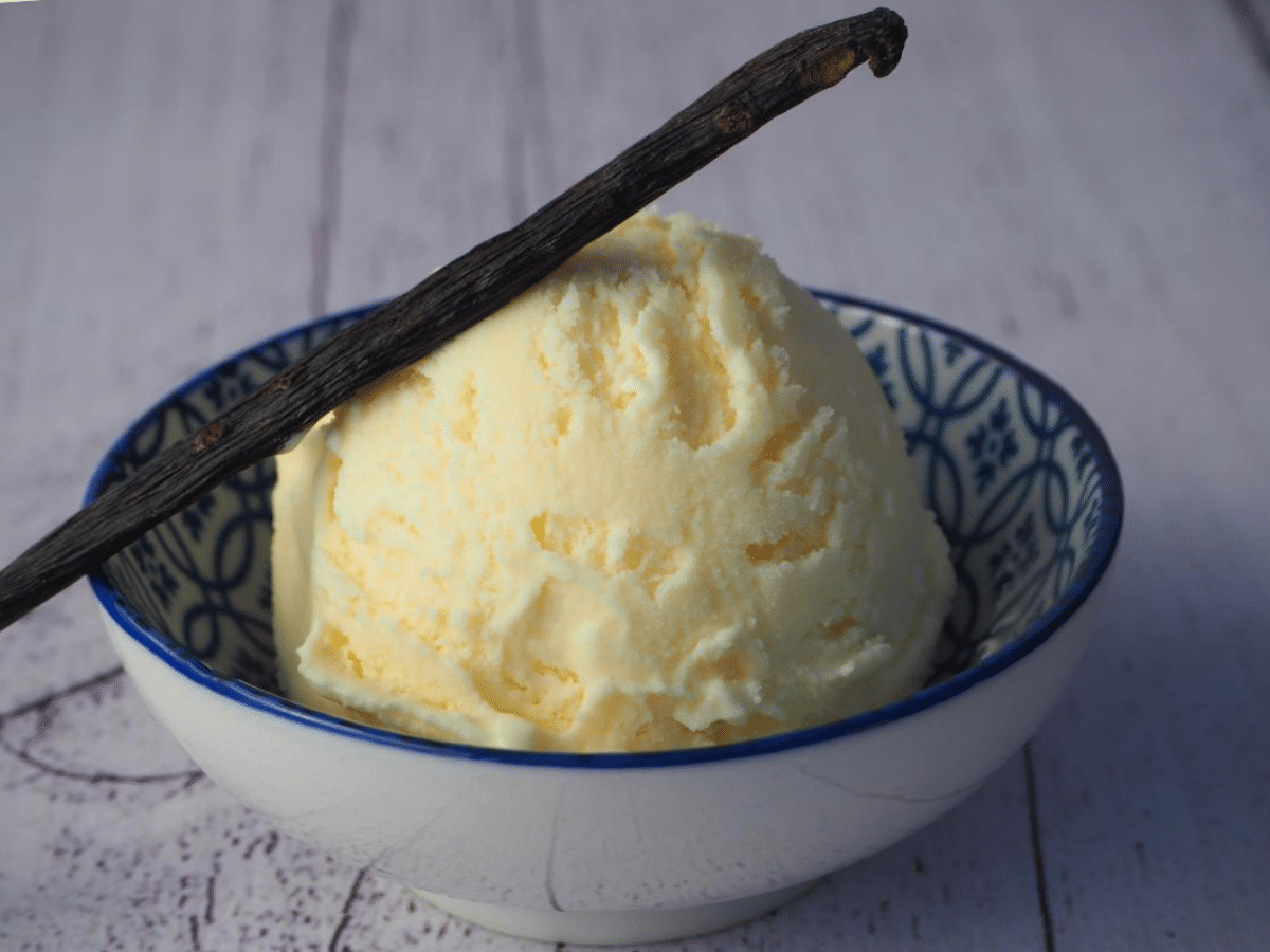 side view of single scoop of vanilla ice cream in shallow blue and white bowl, with a whole vanilla bean resting on the scoop on an angle, on a while wooden background.