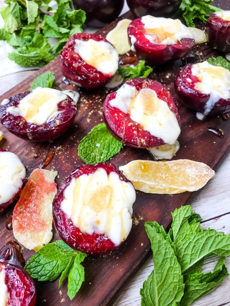 Grilled plums with honey ginger yoghurt