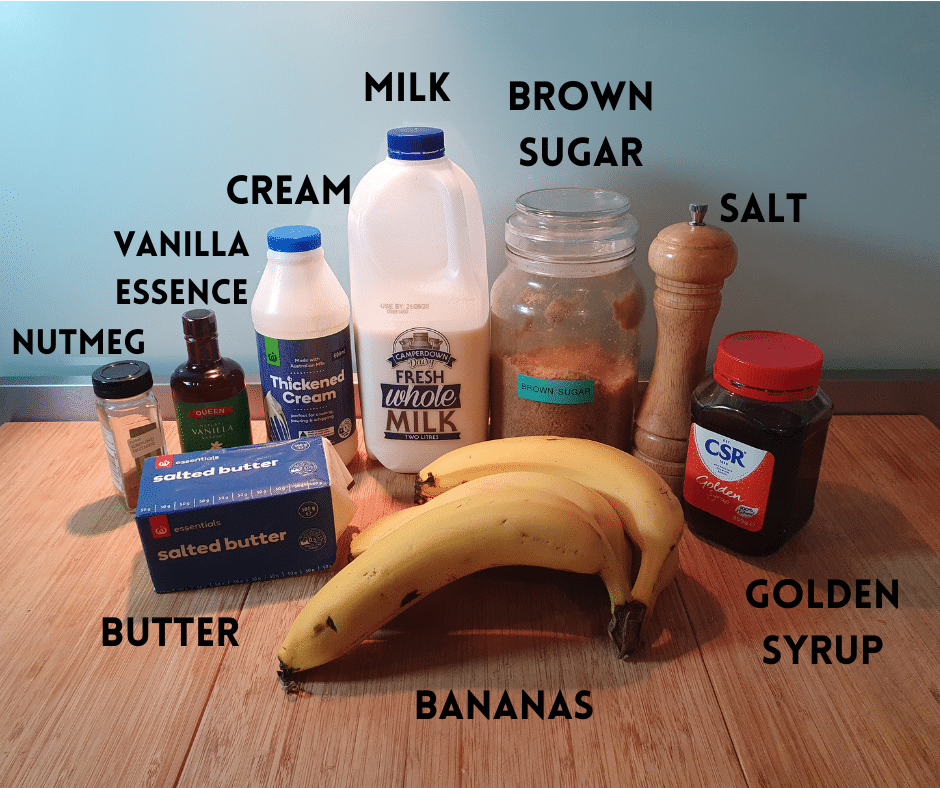 banana ice cream ingredients, nutmeg, vanilla essence, cream, milk, brown sugar, salt, golden syrup, butter, bananas.