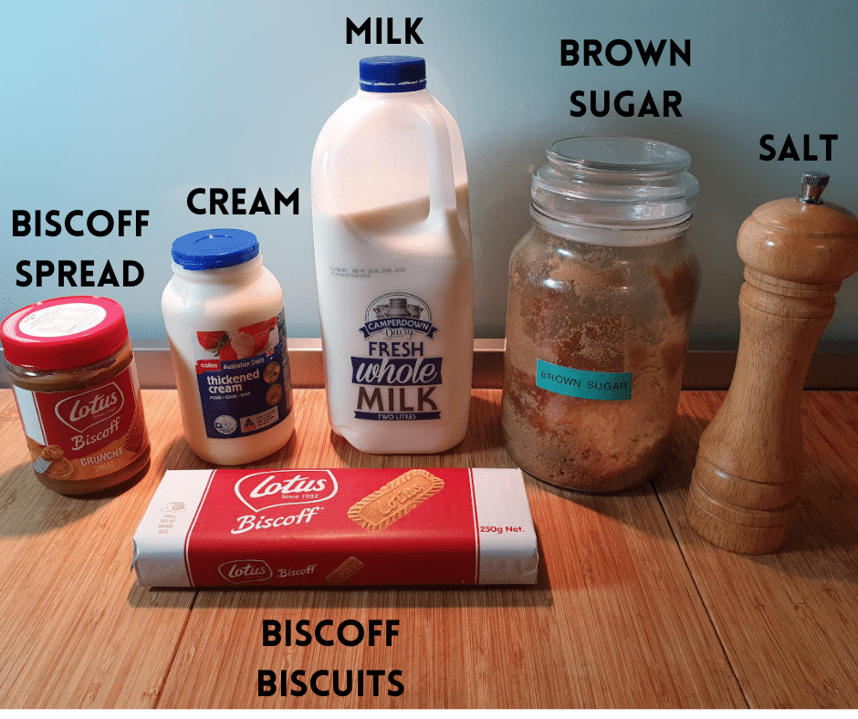 Biscoff ice cream 3 Biscoff ice cream ingredients, biscoff spread, cream, biscoff biscuits, milk, brown sugar, salt.