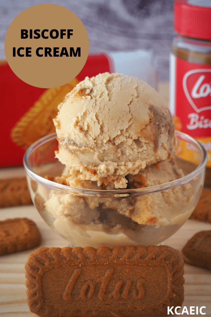 Biscoff ice cream in a glass bow, with biscoff biscuits.