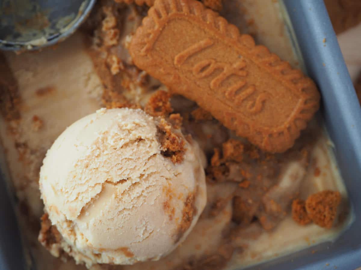 Scoop of biscoff ice cream in loaf pan on top of ice cream, with biscoff biscuit and edge of ice cream scooper.