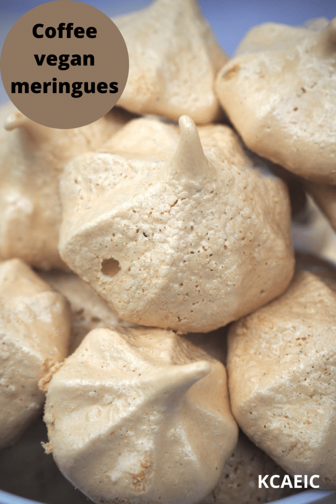 close up side view of stack of coffee vegan meringues, with text overlay, coffee vegan meringues, KCAEIC.