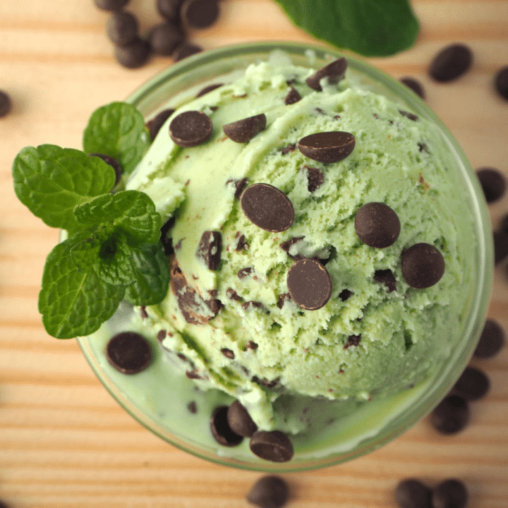 Top down view of scoop of mint choc chip ice cream in a small glass bowl with choc chips on top, sprig of mint on the side, on a chopping board, with chocolate chips and mint leaves.