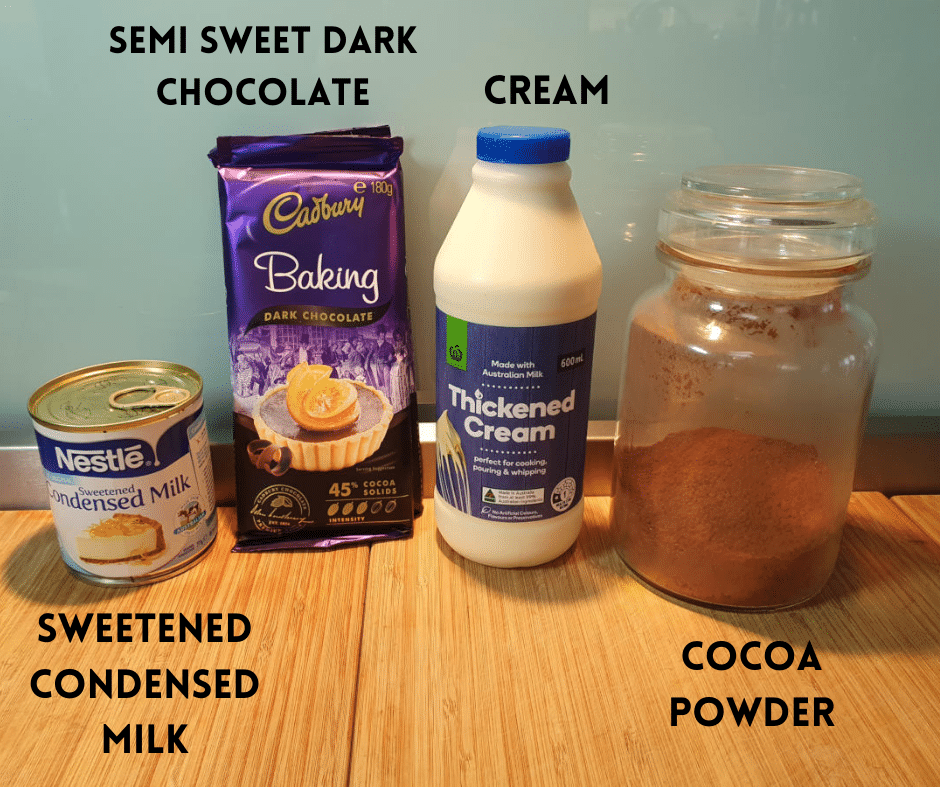 No churn chocolate ice cream ingredients, sweetened condensed milk, semi sweet chocolate, cream, coco powder, salt.