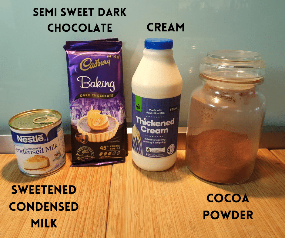 No churn chocolate ice cream 3 No churn chocolate ice cream ingredients, sweetened condensed milk, semi sweet chocolate, cream, coco powder, salt.