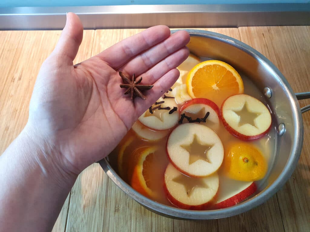 adding star annise to a pot containing sliced apples and oranges, cloves and apple cider, on a chopping board.