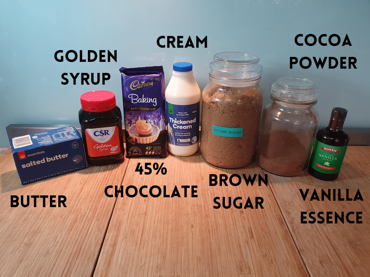 chocolate fudge sauce ingredients, butter, golden syrup, 45% semi sweet chocolate, thickened cream, brown sugar, cocoa powder, vanilla essence.