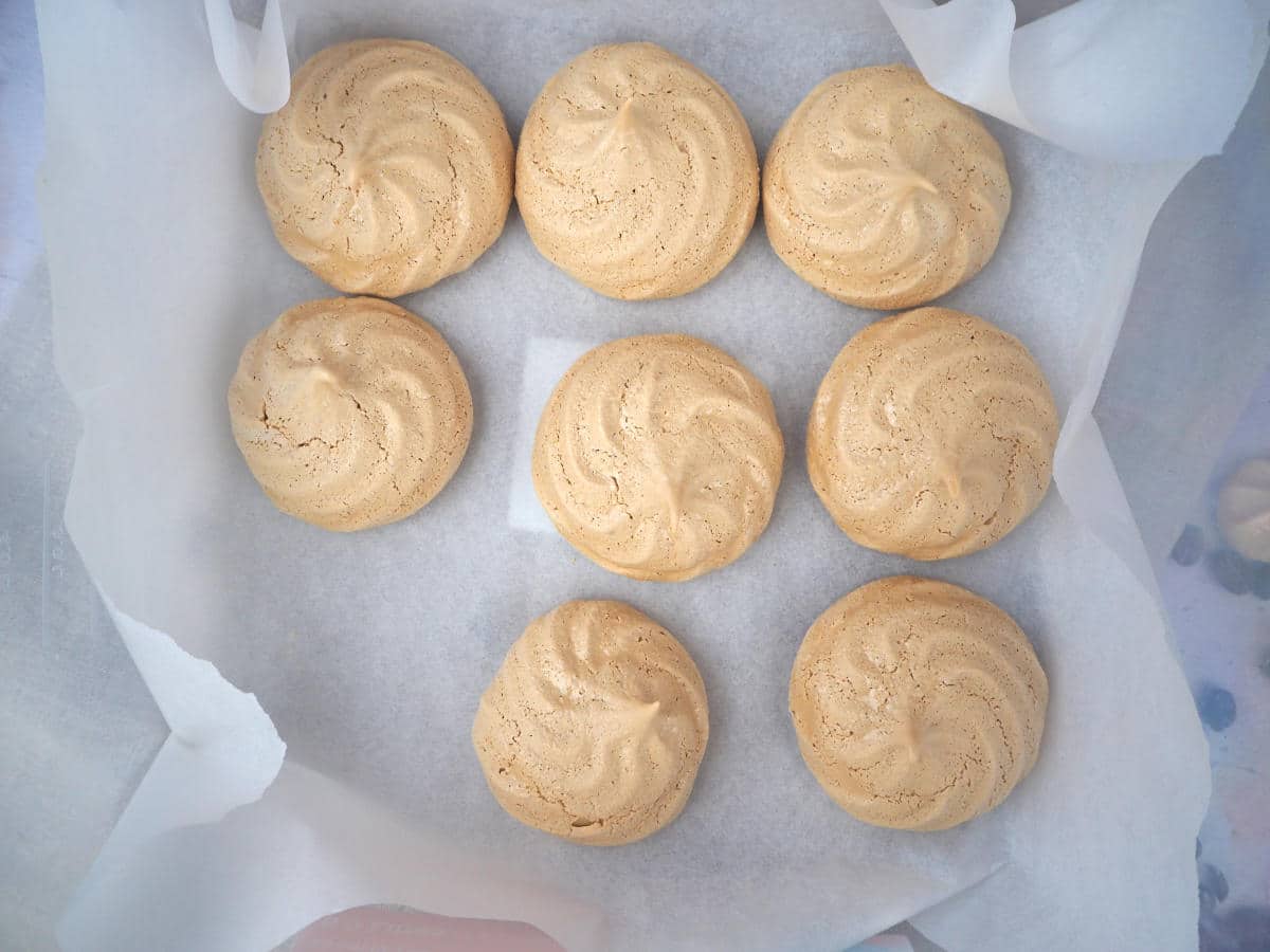 top down view of coffee vegan meringues in storage container lined with baking paper.