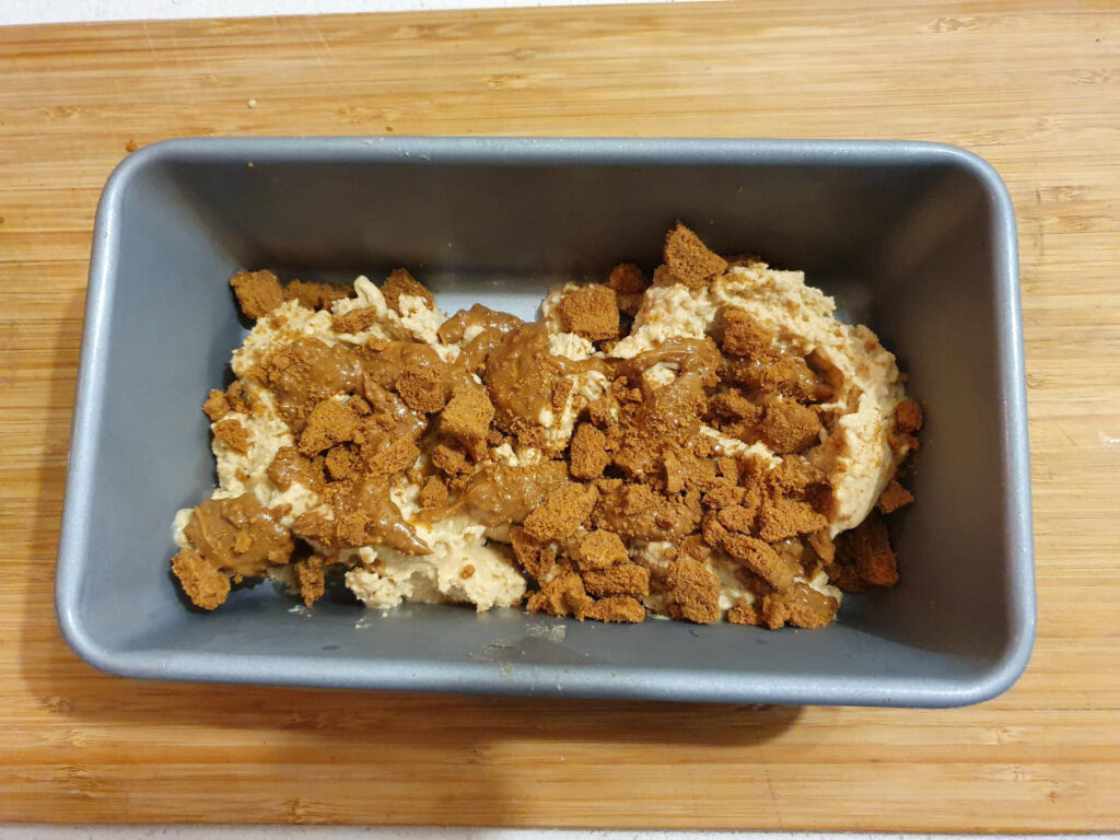 first layer of biscoff ice cream, melted biscoff spread and crushed up biscoff biscuits.
