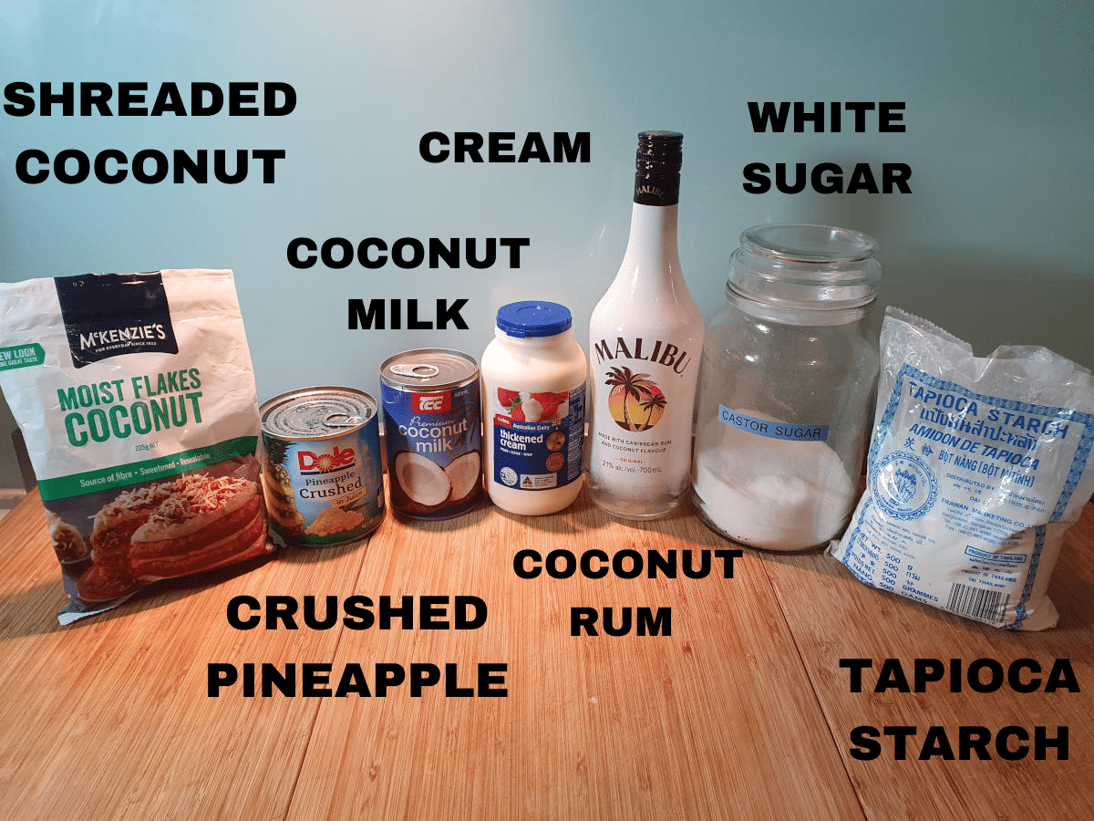 Pina colada ice cream 3 Pina colada ice cream ingredients, shredded coconut, tin crushed pineapple, coconut milk, cream, coconut rum, white sugar, tapioca starch.
