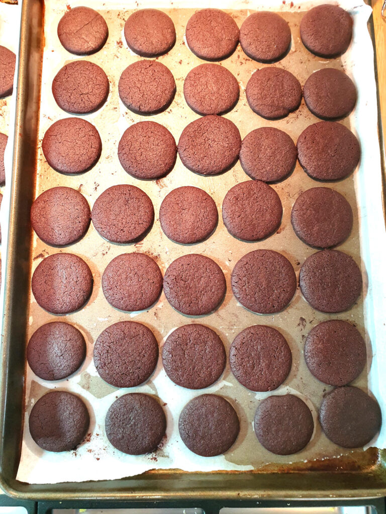 top down view of baking cookies on a baking tray.