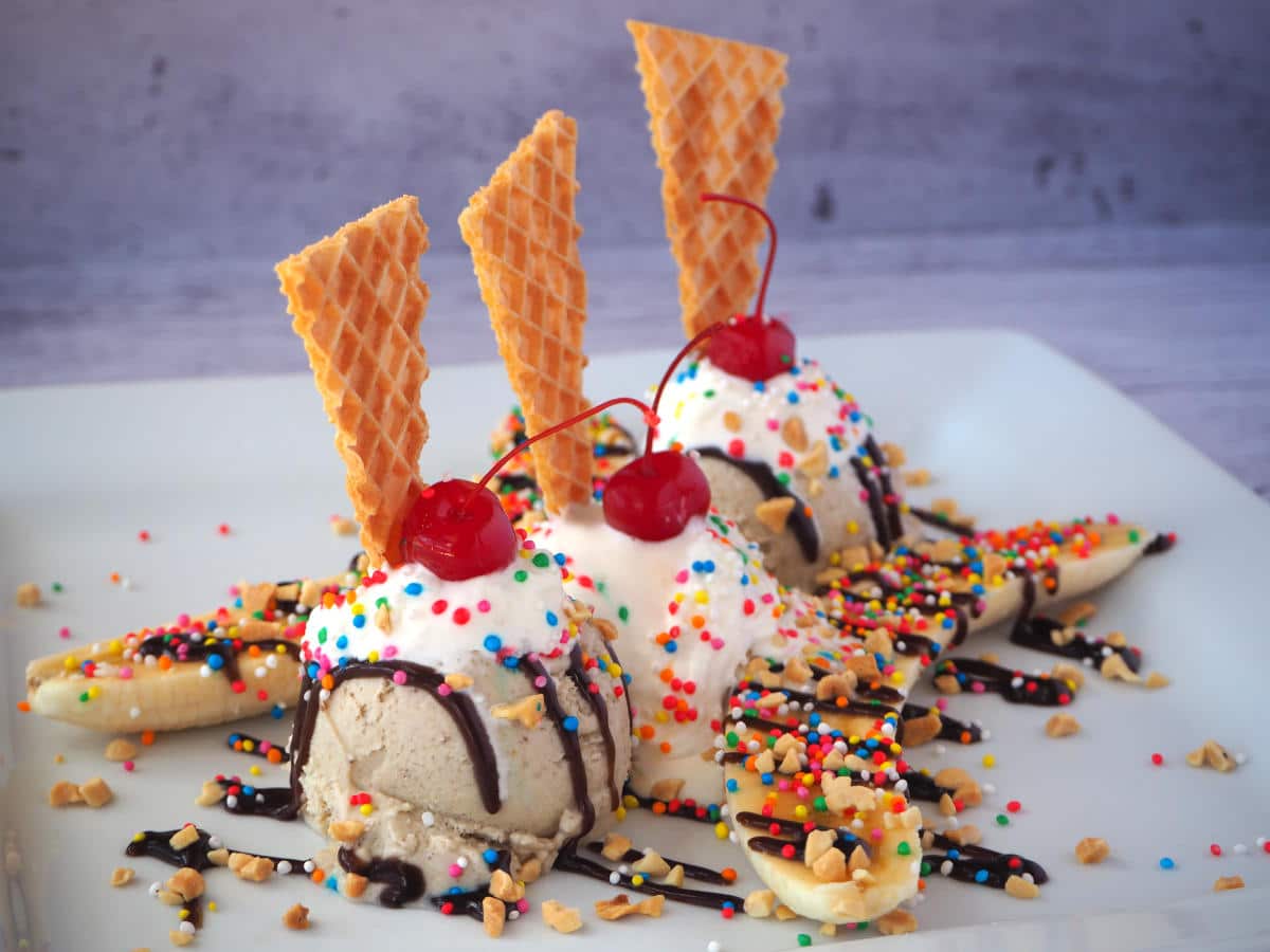 Banana split 12 Diaganol view of banan split, with scoops of banan, then vanilla, then banan ice cream, fresh sliced banana on either side of ice cream scoops, chocolate sauce drizzled over ice cream and banana, whipped cream on top of ice cream scoops, chopped nuts and rainbow sprinkles over everything, cocktail cherries on top of whipped cream and sail shapped wafer pushed into cream and ice cream scoops, on a large white plate, with a grey background.