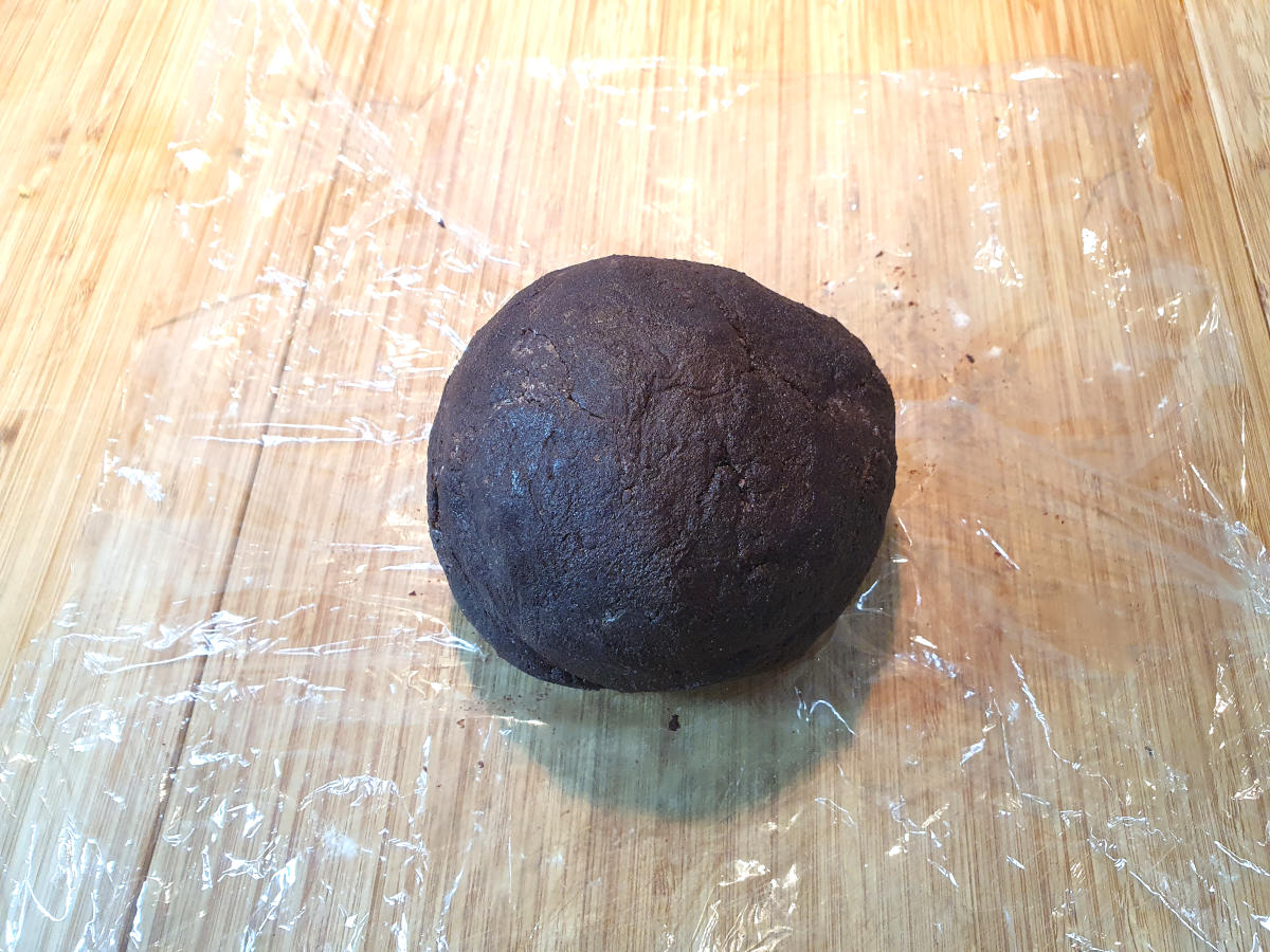 dough ball on cling film, ready to wrap and chill in the fridge.