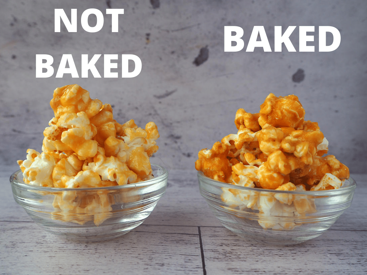 side by side bowls of not baked vs baked caramel popcorn, showing lighter non baked vs darker baked popcorn, with text overlay, non baked vs baked.