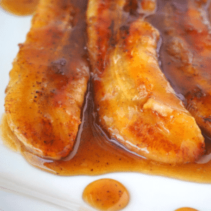 Close up caramelized bananas in caramel sauce.