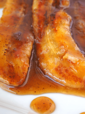 Close up caramelized bananas in caramel sauce.