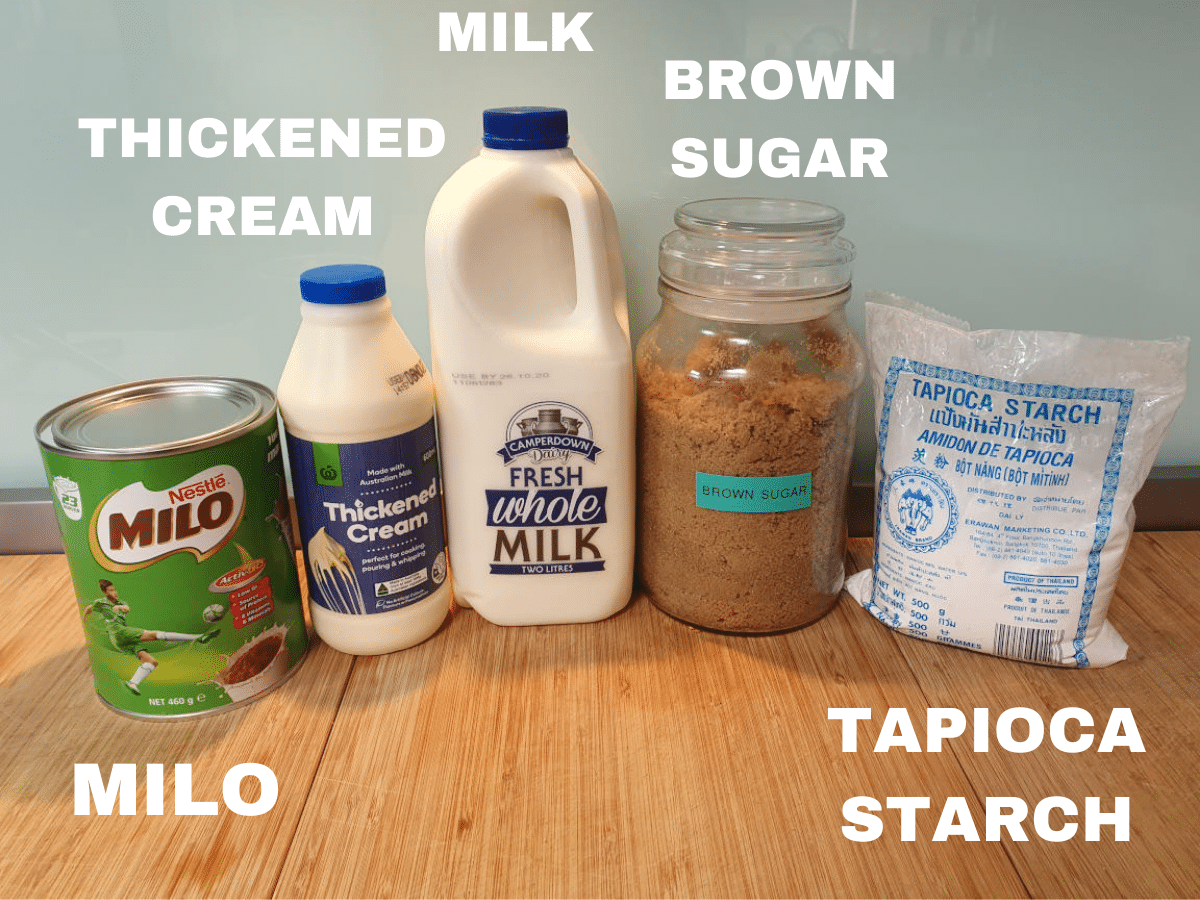 Milo ice cream ingredients, milo, thickened cream, milk, brown sugar, tapioca starch.