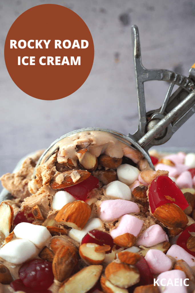 Scooping rocky road ice cream from pan, with text overlay, rocky road ice cream and KCAEIC.