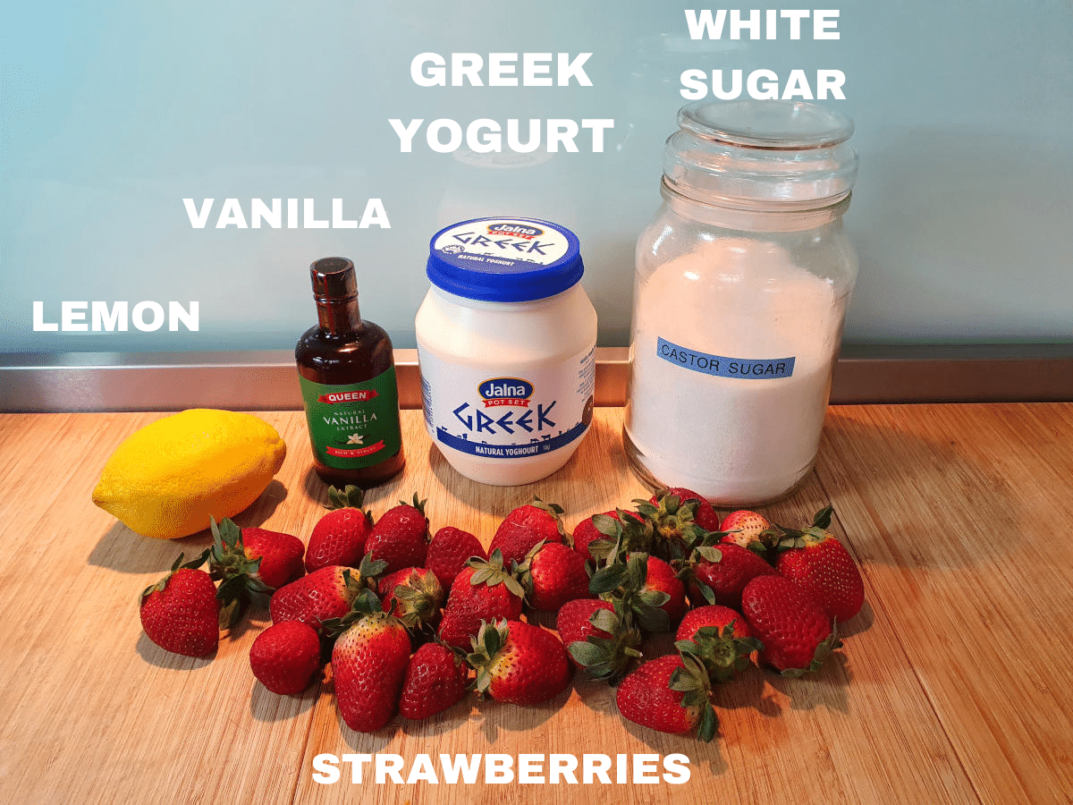 Strawberry yogurt popsicle ingredients, lemon, vanilla essence, Greek yogurt, white sugar, strawberries.