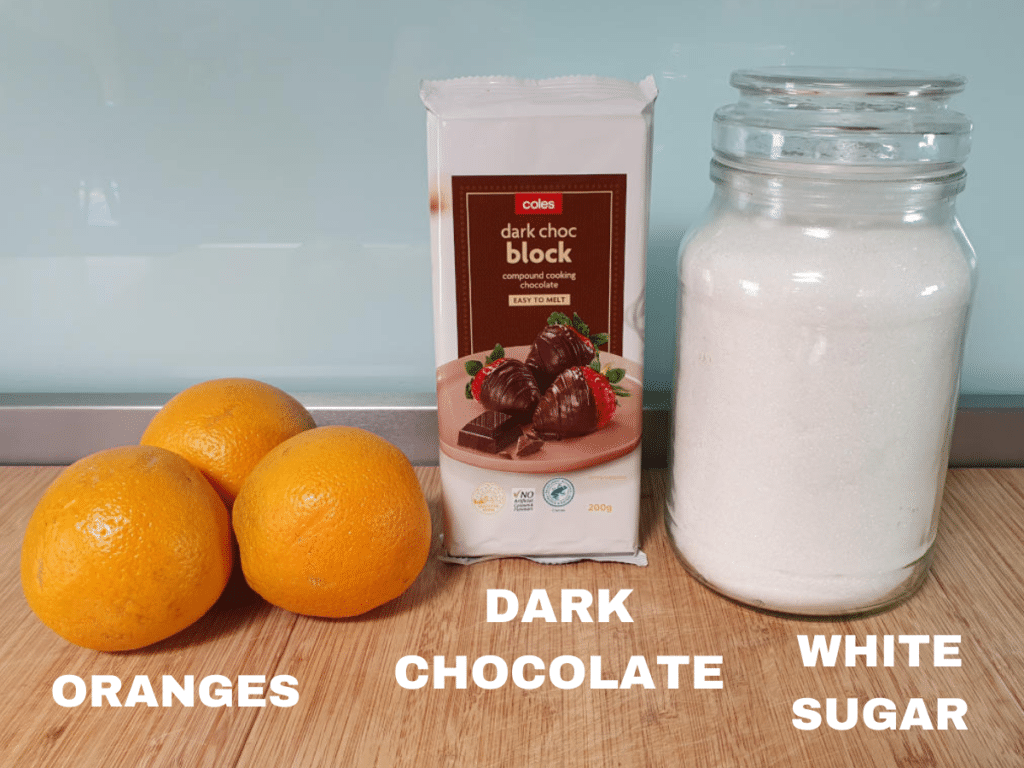 Chocolate coated orange peel ingredients, oranges, dark chocolate and white sugar.