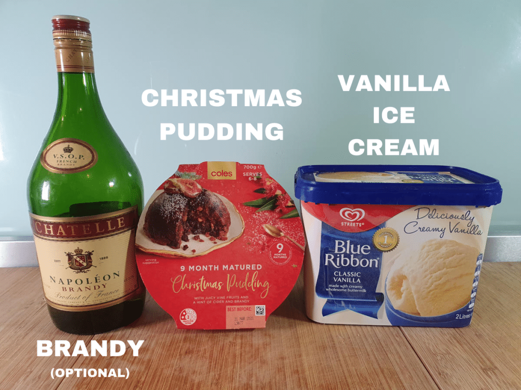 Christmas pudding ice cream ingredients, Christmas pudding, vanilla ice cream, optional brandy.