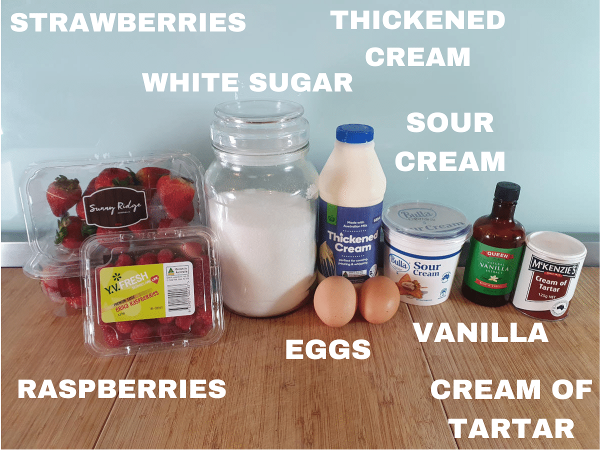 Eton mess 3 Eaton mess ingredients, strawberries, raspberries, white sugar, eggs, thickened cream, sour cream, vanilla essence, cream of tartar.
