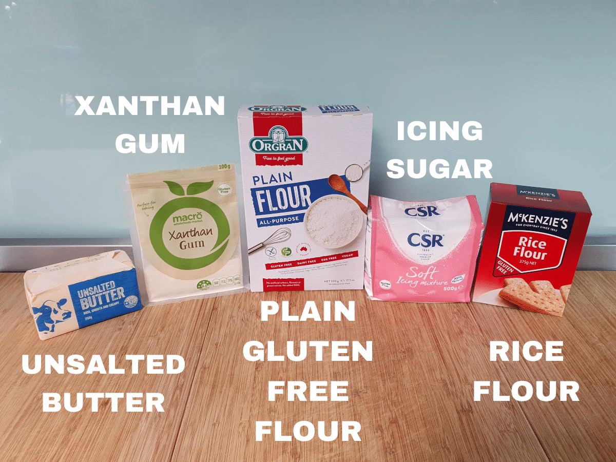 Gluten free shortbread ingredients, unsalted butter, xanthan gum, plain gluten free flour, icing sugar, rice flour.
