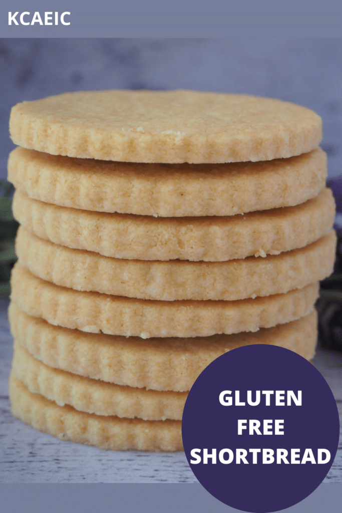 Close up side view of stack of gluten free short bread with text overlay, gluten free short bread and KCAEIC.