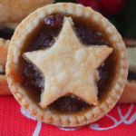 Close up view of mincemeat tart on its side.