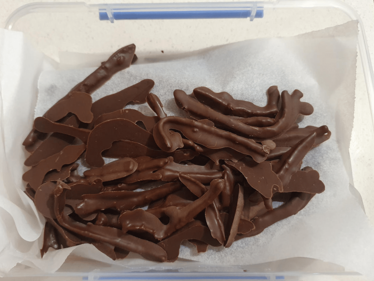 Chocolate covered orange peel 26 peel in container lined and layered with baking paper for storage.
