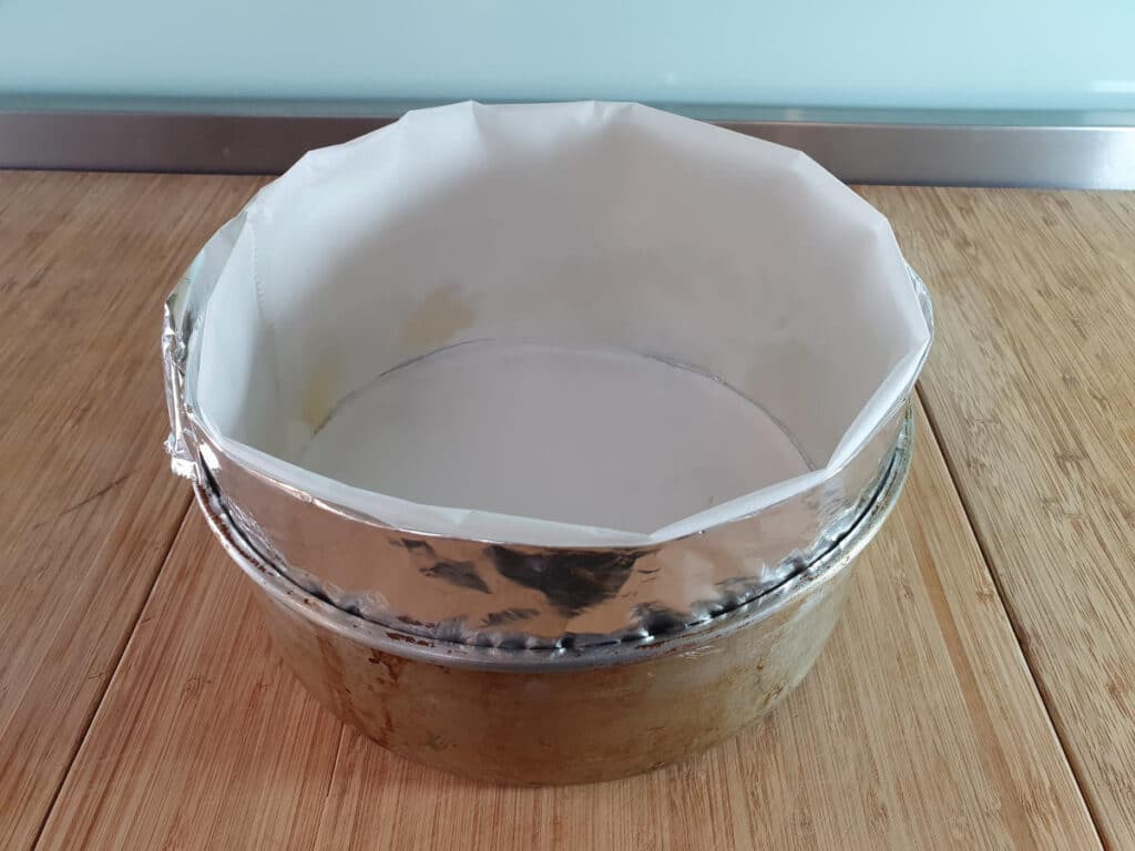 cake tin double lined with foil and baking paper.