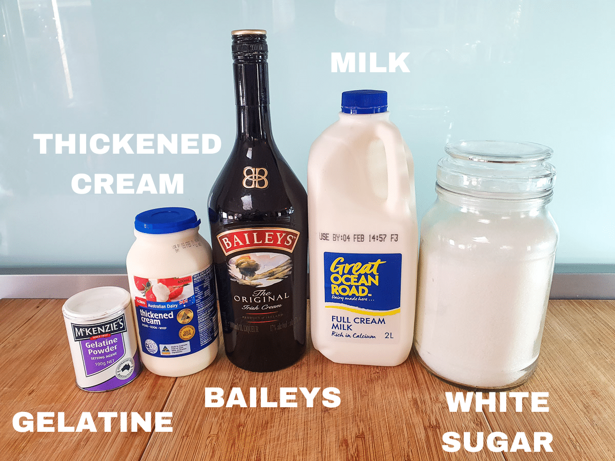 Baileys ice cream ingredients, gelatin, thickened cream, Baileys, milk, white sugar.