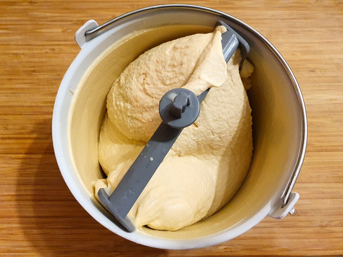 Churned ice cream in the ice cream churning bowl.
