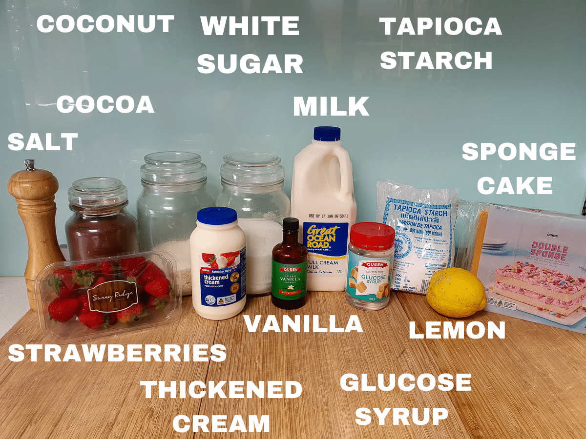 Lamington ice cream 3 Lamington ice cream ingredients, salt, strawberries, cocoa, coconut, white sugar, milk, tapioca starch, sponge cake, fresh lemon, glucose syrup, vanilla essence, thickened cream.