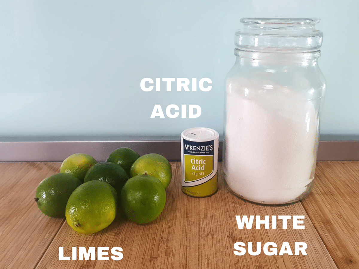 Lime popsicles ingredients, fresh limes, citric acid, white sugar, water (not pictured).