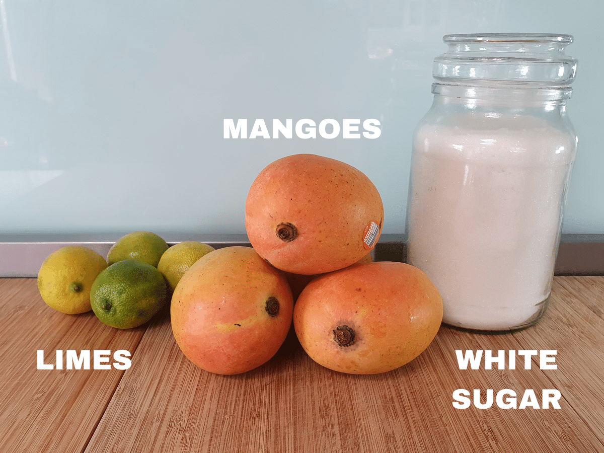 Mango popsicles ingredients, limes, mangoes, white sugar.