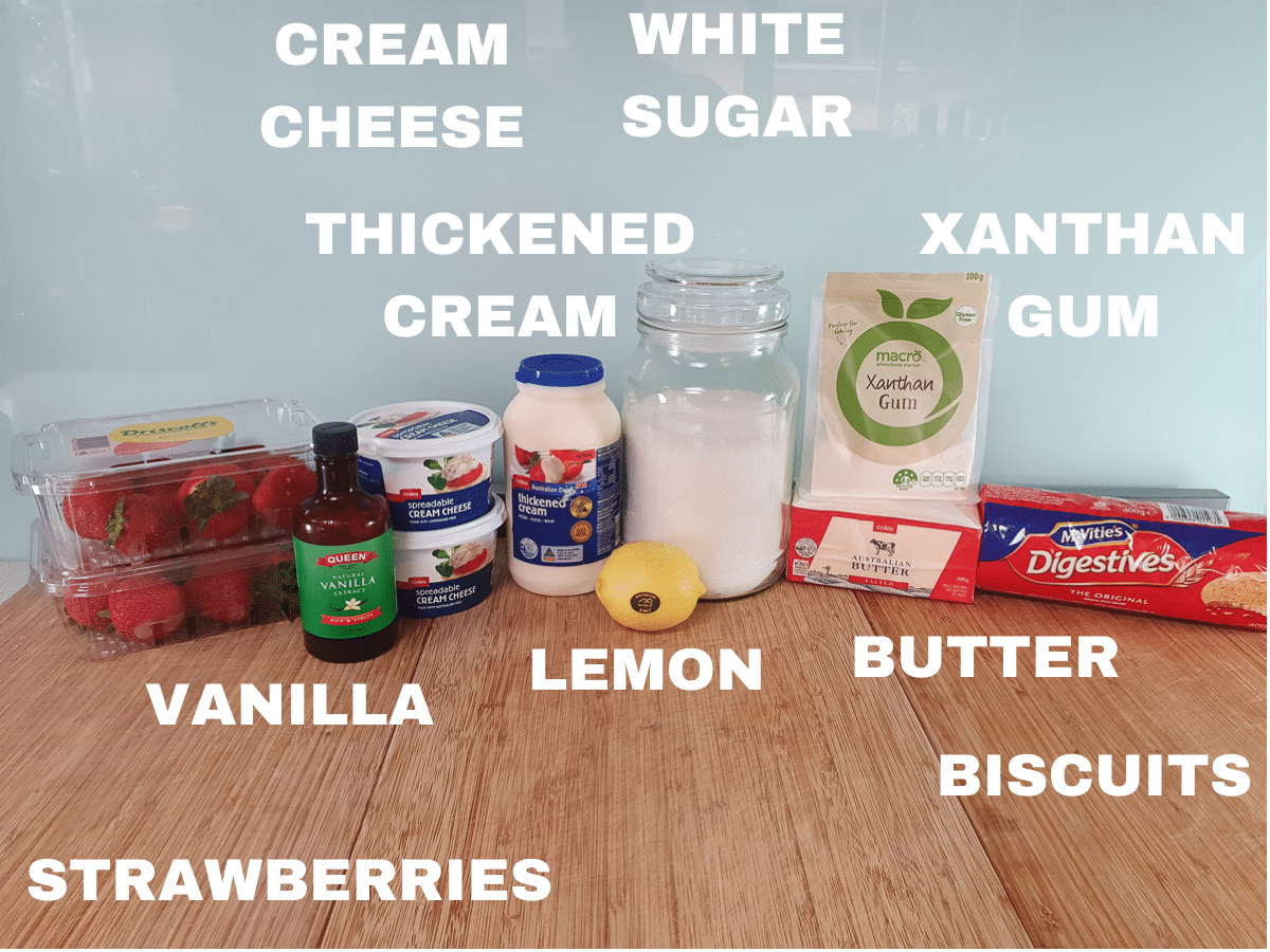 Mini strawberry cheesecake ingredients, strawberries, vanilla essence, cream cheese, thickened cream, lemon, white sugar, butter, xanthan gum, digestive biscuits.