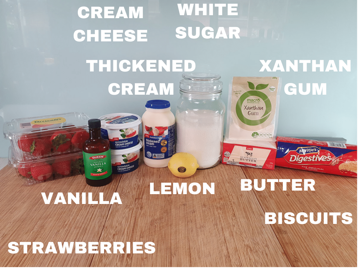 Mini strawberry cheesecake 3 Mini strawberry cheesecake ingredients, strawberries, vanilla essence, cream cheese, thickened cream, lemon, white sugar, butter, xanthan gum, digestive biscuits.